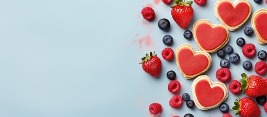 Aufkleber - Heart shaped mini pancakes topped with berries make for a tasty Valentine s Day breakfast with a lovely food backdrop Copy space image Place for adding text or design