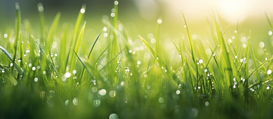 Poster - Gorgeous close up photo of fresh green grass dew and nature Copy space image Place for adding text or design