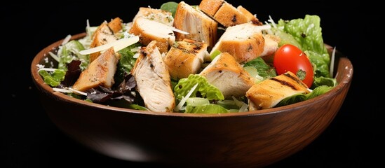Poster - Grilled chicken with fresh greens and croutons Copy space image Place for adding text or design