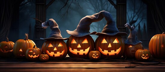 Poster - Halloween poster featuring pumpkins and traditional decorations with space for text 3d image Copy space image Place for adding text or design