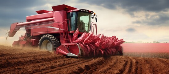 Poster - Red beet sugar harvest using combine harvester Copy space image Place for adding text or design