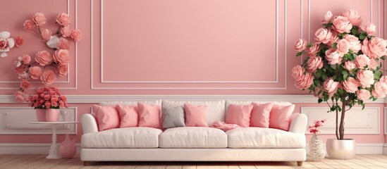Aufkleber - Pink walled living room adorned with lovely flowers and sofas 3D image Copy space image Place for adding text or design