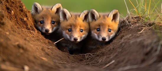 Red fox cubs curiously exploring the countryside without their mother gazing at the camera Copy space image Place for adding text or design