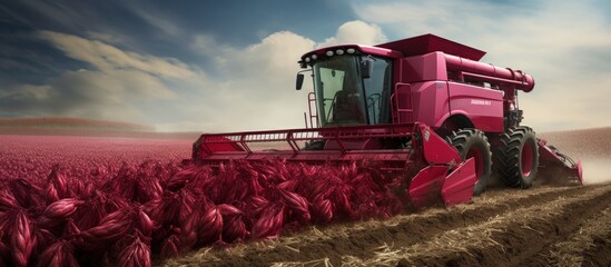 Poster - Red beet sugar harvest using combine harvester Copy space image Place for adding text or design
