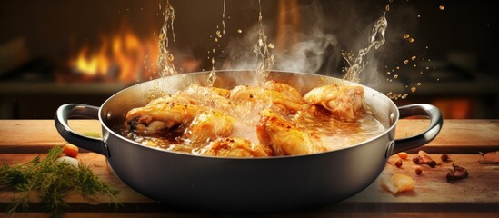 Sticker - Making chicken broth by simmering chicken wings in a saucepan Copy space image Place for adding text or design