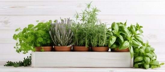 Wall Mural - Herbs in a crate on a table background potted plants Lifestyle concept Space for text Banner Copy space image Place for adding text or design