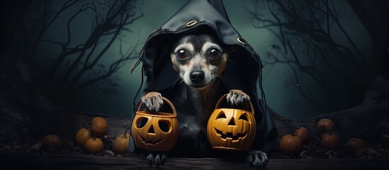 Poster - Halloween themed dog portrait with a basket Copy space image Place for adding text or design