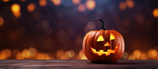 Poster - Halloween pumpkin with lit candle in bokeh background Copy space image Place for adding text or design