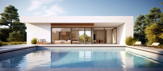 Poster - Minimal house with swimming pool depicted in 3D rendering illustration of architecture Copy space image Place for adding text or design