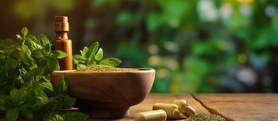 Sticker - Herbal remedies in various forms for health and wellness Copy space image Place for adding text or design