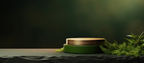 Poster - Organic cosmetics on stone podium highlighted by green moss Natural setting for product presentation Copy space available Copy space image Place for adding text or design