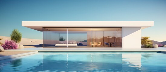 Poster - Minimal house with swimming pool depicted in 3D rendering illustration of architecture Copy space image Place for adding text or design