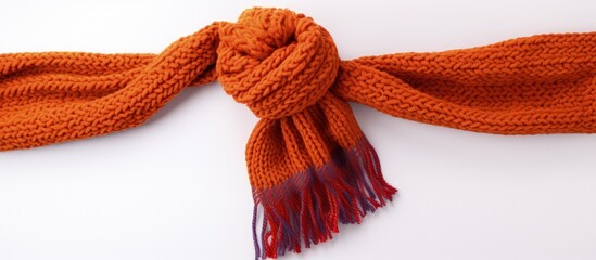 Poster - Handcrafted winter scarf against white backdrop Copy space image Place for adding text or design