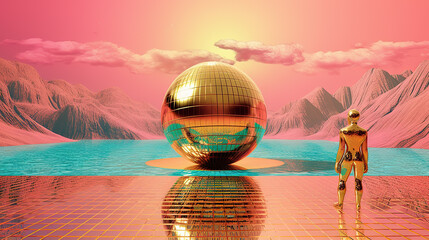 Poster - Surreal vaporwave scene with golden ball on the landscape with mountains and sea. 90s styled abstract surreal pink composition