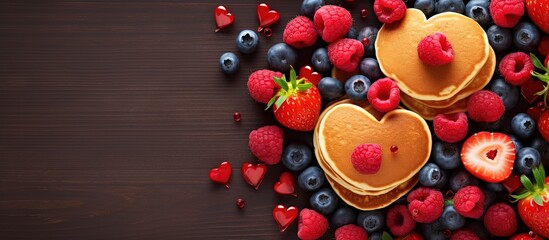 Aufkleber - Heart shaped mini pancakes topped with berries make for a tasty Valentine s Day breakfast with a lovely food backdrop Copy space image Place for adding text or design
