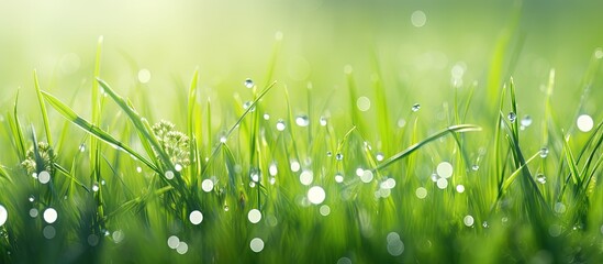 Poster - Gorgeous close up photo of fresh green grass dew and nature Copy space image Place for adding text or design