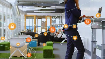 Poster - Animation of network of connections with icons over caucasian businesswoman using smartphone