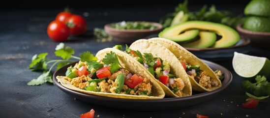 Healthy vegan breakfast featuring scrambled tofu tacos with avocado tomatoes and herbs Copy space image Place for adding text or design