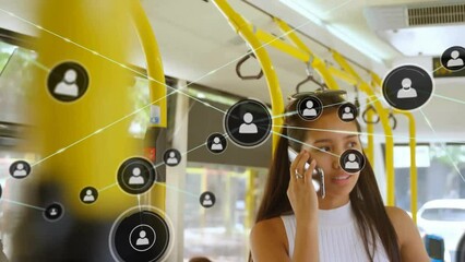 Poster - Animation of network of connections with icons over biracial woman using smartphone