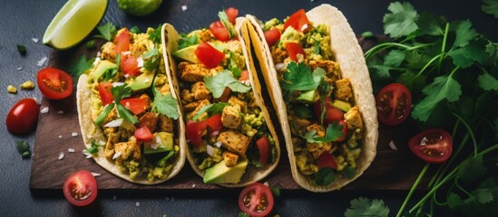 Poster - Healthy vegan breakfast featuring scrambled tofu tacos with avocado tomatoes and herbs Copy space image Place for adding text or design