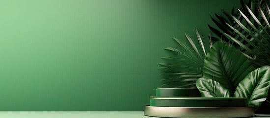 Leinwandbilder - Green abstract background with palm leaf shadow for cosmetic product presentation Geometric backdrop scene Podium for promoting eco beauty products Banner Copy space image Place for adding text