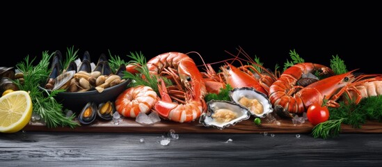 Aufkleber - Luxurious seafood plate with fresh shrimps oysters mussels langoustines octopus lemon herbs on wooden boards Copy space image Place for adding text or design