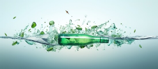 Poster - Plastic bottles flying and twirling in the air with a green lid exploding Copy space image Place for adding text or design