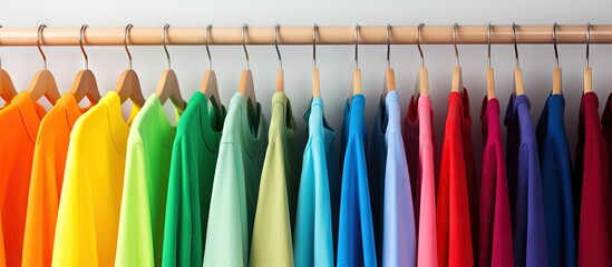 Aufkleber - Rainbow colors Assorted casual shirts on wooden hangers isolated on white Copy space image Place for adding text or design
