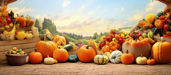 Poster - Post holiday outdoor market selling autumn produce like pumpkins and vegetables backdrop available Copy space image Place for adding text or design