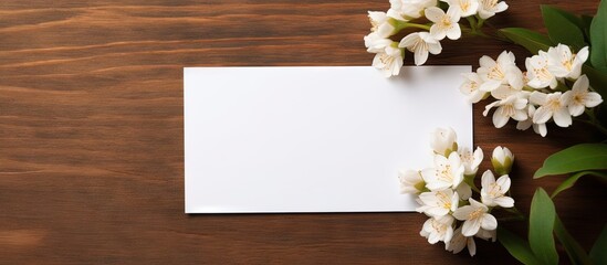 Poster - Minimalist business or greeting card template with floral shadows on a dark brown table background Copy space image Place for adding text or design