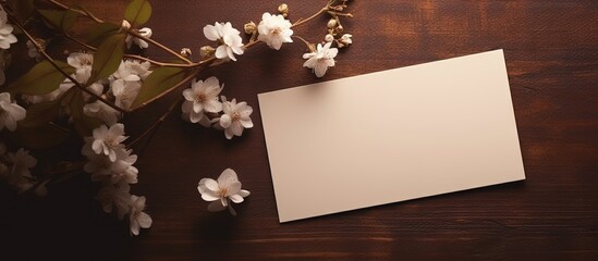 Poster - Minimalist business or greeting card template with floral shadows on a dark brown table background Copy space image Place for adding text or design