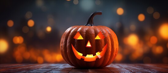 Poster - Halloween pumpkin with lit candle in bokeh background Copy space image Place for adding text or design