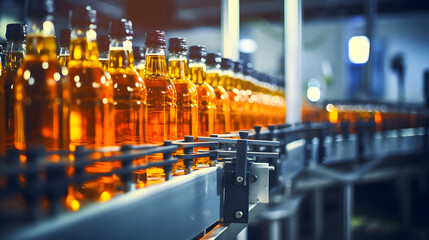 Beverage factory interior. Conveyor with bottles for juice or water. Modern equipments