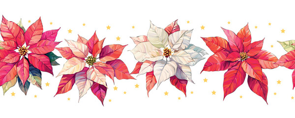 Wall Mural - Christmas Poinsettia vector garland border, Watercolor floral winter season frame, holiday seamless background, with rowan berries, pine branch, star flowers, xmas decoration banner