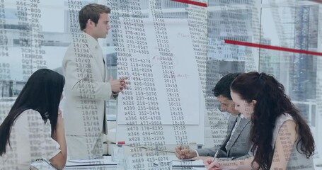 Poster - Animation of financial data processing over diverse business people in office