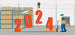 New Year concept. New Year 2024 numbers using warehouse equipment. Vector.