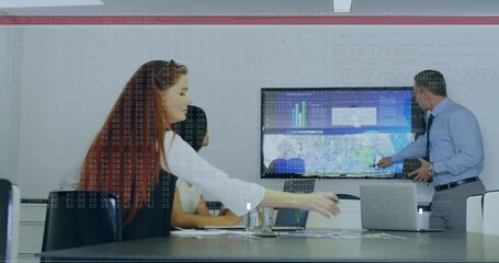Poster - Animation of financial data processing over diverse business people in office