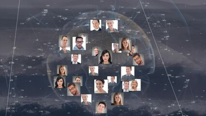 Poster - Animation of globe with connections and photos of diverse business people