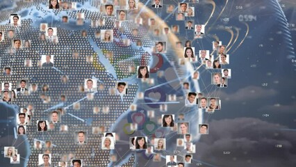 Poster - Animation of globe with connections and photos of diverse business people