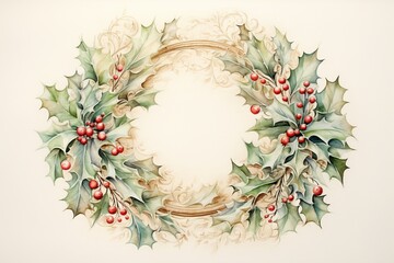 Wall Mural - Charming watercolor illustration of a vintage Christmas wreath with muted, pastel-colored ornaments
