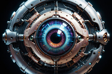 Poster - Artificial intelligence, mechanical cyborg  eye suspended in the dark void