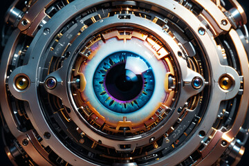 Poster - Artificial intelligence, mechanical cyborg  eye suspended in the dark void