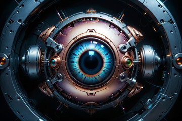 Wall Mural - Artificial intelligence, mechanical cyborg  eye suspended in the dark void