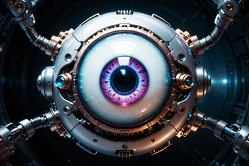 Poster - Artificial intelligence, mechanical cyborg  eye suspended in the dark void