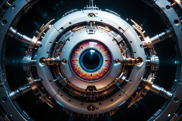 Poster - Artificial intelligence, mechanical cyborg  eye suspended in the dark void