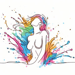 Wall Mural - Beautiful naked woman in paint splash, line art design drawing