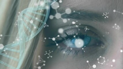 Aufkleber - Animation of dna strand, molecules and caucasian woman's face