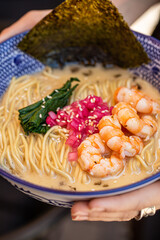 Poster - Appetizing japanese ramen noodle soup with shrimp
