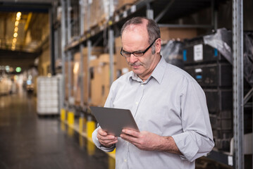 Wall Mural - Man using tablet in factory warehouse