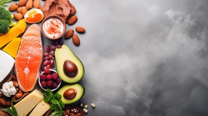Wall Mural - A selection of foods for a ketogenic low-carb diet on a white background.